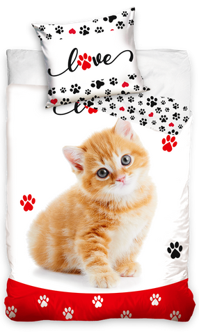 Sengetøj til børn med Kat "LOVE" Design, 140×200cm, 70×90 cm, 100% Bomuld, Oeko-Tex