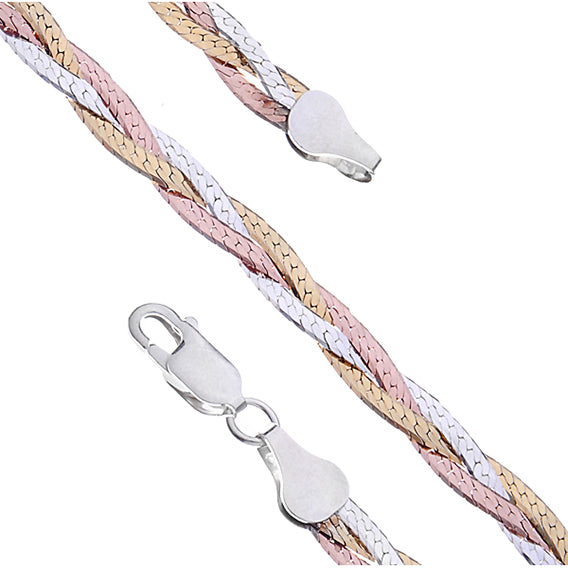 Sølv (925) flettet halskæde Ø040 - tricolor sølv, guld & rosa guld 45cm (4293) Sekundært billede