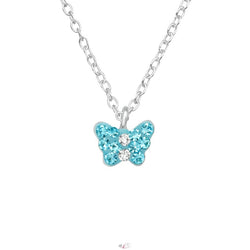 Halskæde i 925 sølv til børn, sommerfugl med krystaller, blå (A4S18606), 39 cm