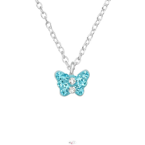 Halskæde i 925 sølv til børn, sommerfugl med krystaller, blå (A4S18606), 39 cm