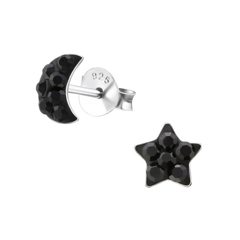 Måne/stjerne ørestikker med krystaller i sølv 925 (sort) A4S34522