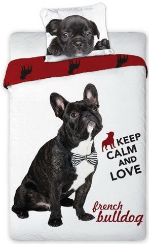 Sengetøj til børn med Hund "Keep Calm And Love" French Bulldog 140×200cm, 70×90 cm, 100% Bomuld, Oeko-Tex